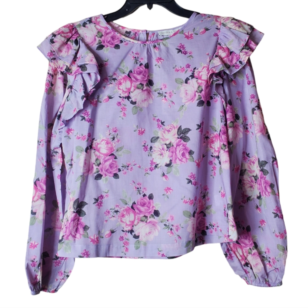 Chelsea & Violet Blouse Floral Purple Pink Ruffle Boxy Sz Medium New NWT…